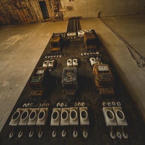 A dimly lit, rustic interior of an abandoned electrical control room with old equipment.
